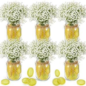 Suncalla 49 Pcs/6 Set Lemon Table Centerpiece Baby Breath Mason Jar with Burlap Fake Lemon Slices Gypsophila Centerpiece Decor for Engagement Party Bridal Shower Wedding Reception Picnic Table Decor