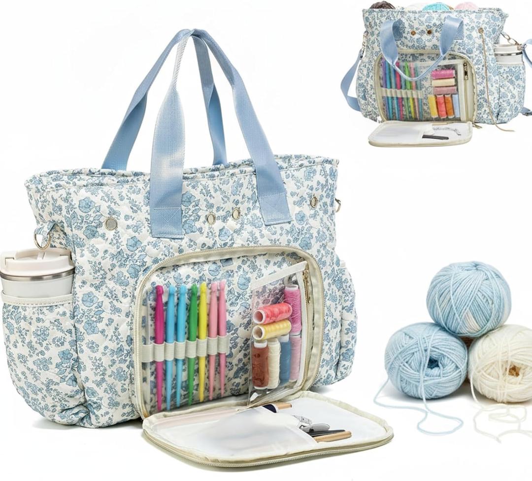 SilTriangle Large Blue Floral Quilted Crochet Knitting Bags and Totes Organizer Cotton Yarn Hook Bag Holder Christmas Corduroy Gift for Crochet Lover Crocheting Accessories, Needle with Zipper, Size L