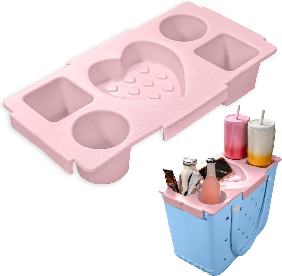 Heart Topper Tray for Bogg Bag Tote Large, Waterproof EVA Table Top Organizer Lid with Cup Holder, Snack, Phone & Drink Holders for Beach, Pool, Picnic, Travel (Pink)