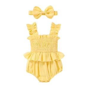 YOUNGER TREE Baby girl Romper Infant Summer Clothes Ruffle Sleeveless One Piece Bodysuit with Bow Headband Newborn Jumpsuit (Yellow, 3-6 Months)
