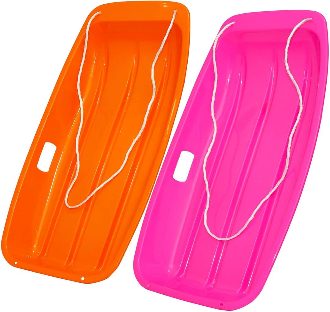 Toboggan Snow Sled for Adult and Kids-Durable Cold Resistant Flexible Design,Fits 1-2 Riders with Pull Rope & Handles for Winter Outdoor Sports-35 Inch (Orange-Pink)