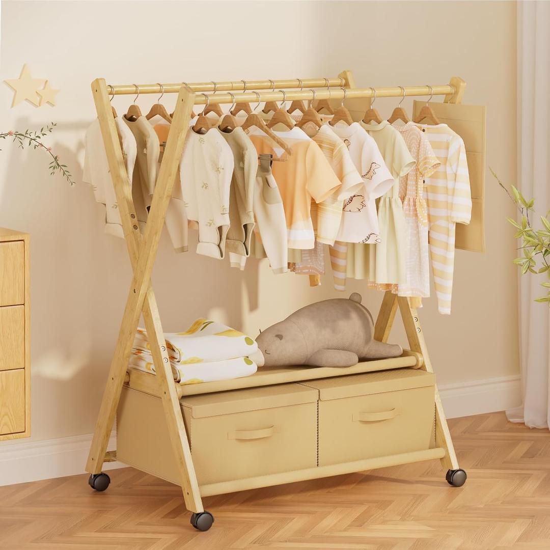 Amazer Kids Clothing Rack with Storage Boxs, Bamboo Baby Clothing Rack Organizer, Small Garment Stand, Rolling Kids Wardrobe, Toddler Dress up Storage, Portable Coat Rack for Toddlers Bedroom Laundry