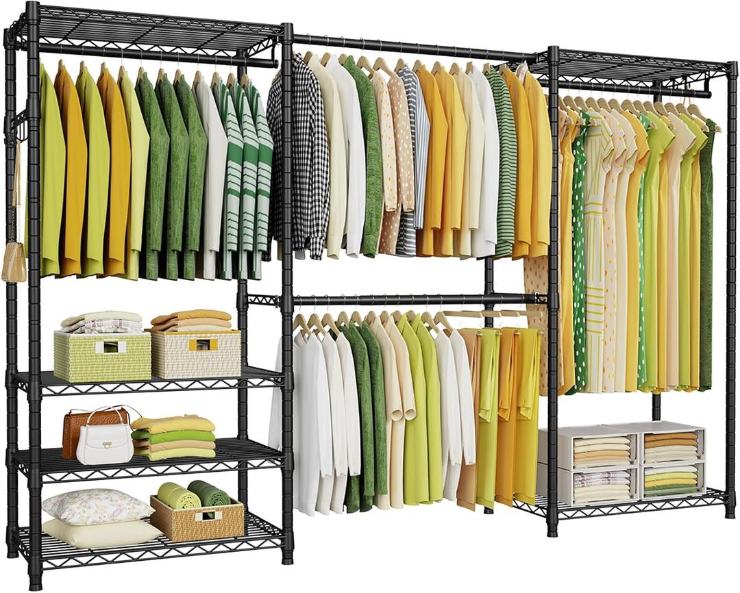 Ulif E1 Heavy Duty Closet Garment Rack, 6 Tiers Adjustable Metal Freestanding Expandable Clothing Storage with 4 Hanger Rods, Easy to Assemble Wardrobe Suit for 70 to 88.2" Space, 14"D x 71.4"H, Black