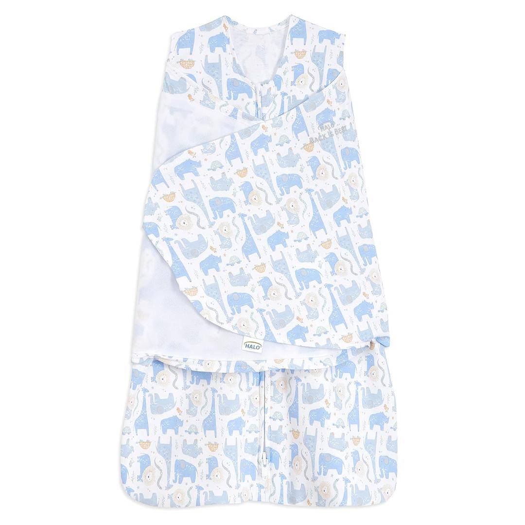 HALO 100% Cotton Sleepsack Swaddle, 3-Way Adjustable Wearable Blanket, TOG 1.5, Blue Safari, Small, 3-6 Months