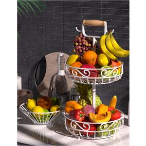 2-Tier   and Fruit Bowl - Fruit and Vegetable Storage with Banana Tree Hanger and Wood Handle, Fruit Basket for Kitchen Counter, for Bread Onions Potatoes Veggies Produce (White)