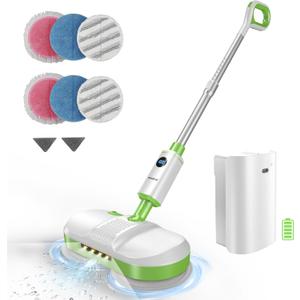 AlfaBot Cordless Electric Mop for Floor Cleaning, Dual Spin Mop with LED Headlight/Water Spray/Self-Propelled,Clean up to 2700 ft,Rechargeable Electric Mops with Big Water Tank for Multi Floors (Green)