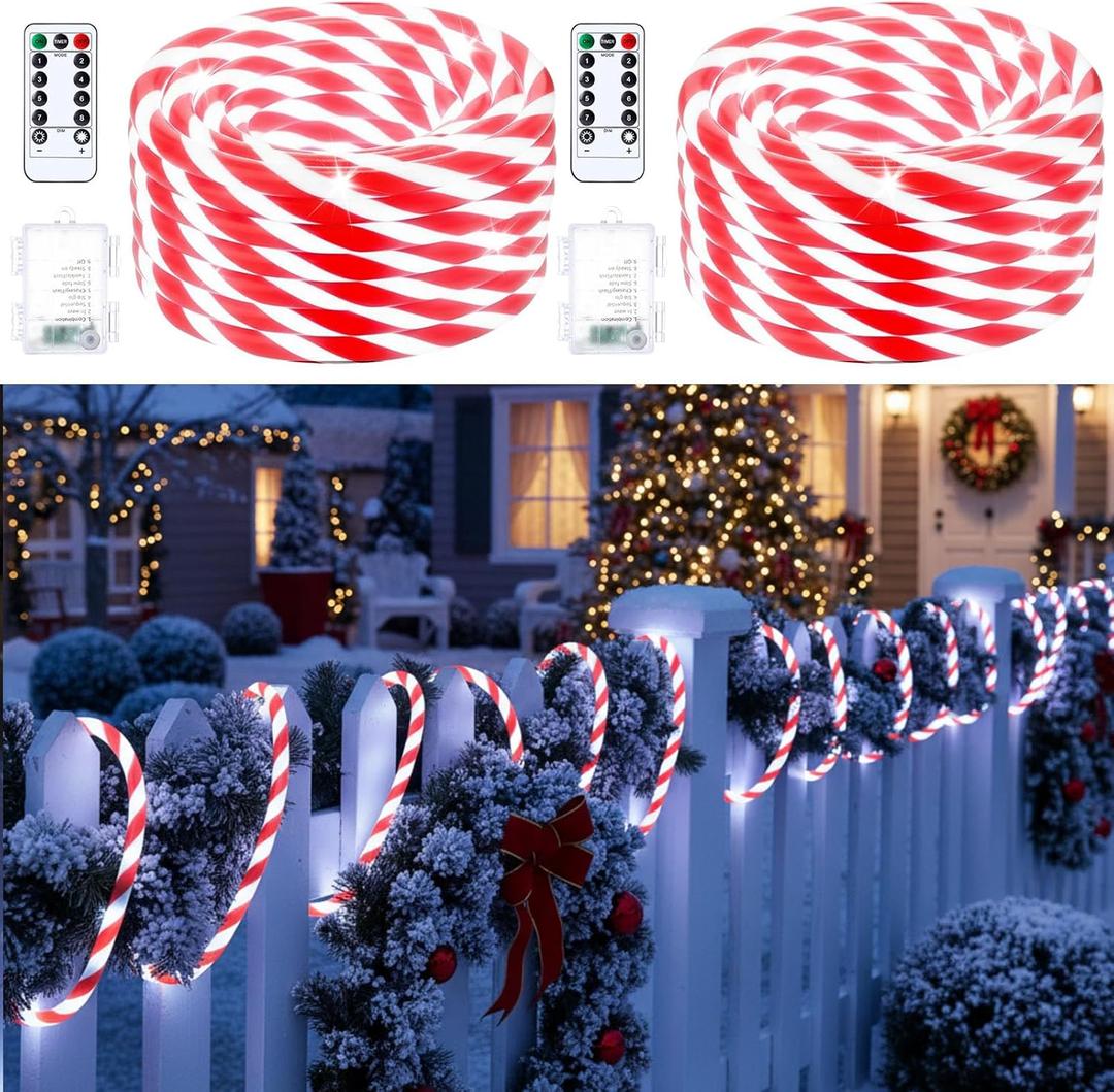 Glooglitter 2 Set Christmas Candy Cane Rope Light, 33ft 200 LED Decor Lights 8 Modes Multicolor Lights for Garden Patio Xmas Tree, Indoor Outdoor Christmas New Year Winter Decorations(White)