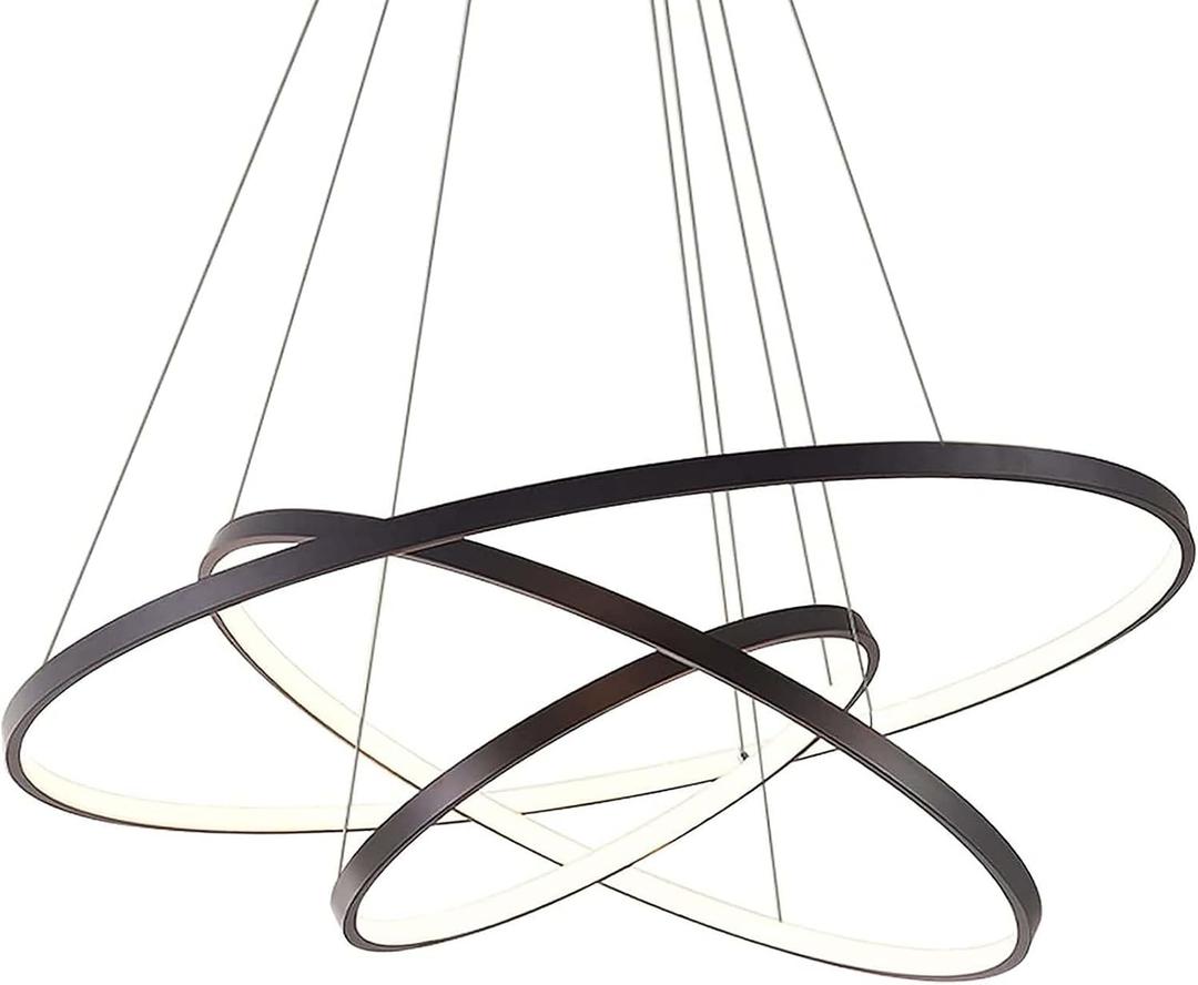 LightInTheBox Modern LED Pendant Light 3 Ring Chandeliers Black Circle Pendant Light Fixtures for Living Room Dinning Room Office (Light Source: Warm White), 24 inches