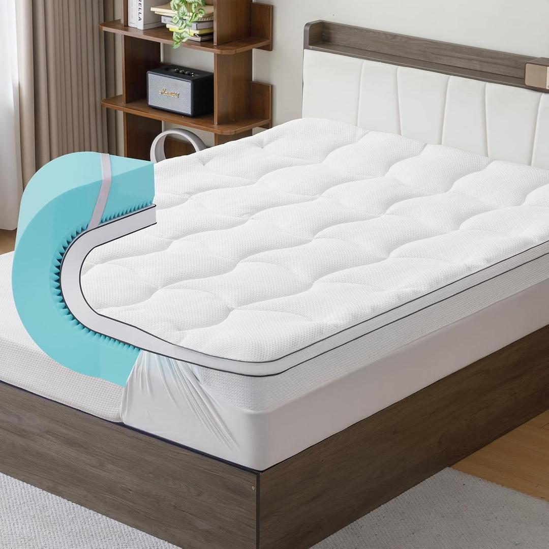 4 Inch Memory Foam Mattress Topper Queen Size - Dual Layer 3 Inch Cooling Gel Memory Pad and 1 Inch Pillow Top Mattress Cover for Back Pain - 60" x 80" x 4"