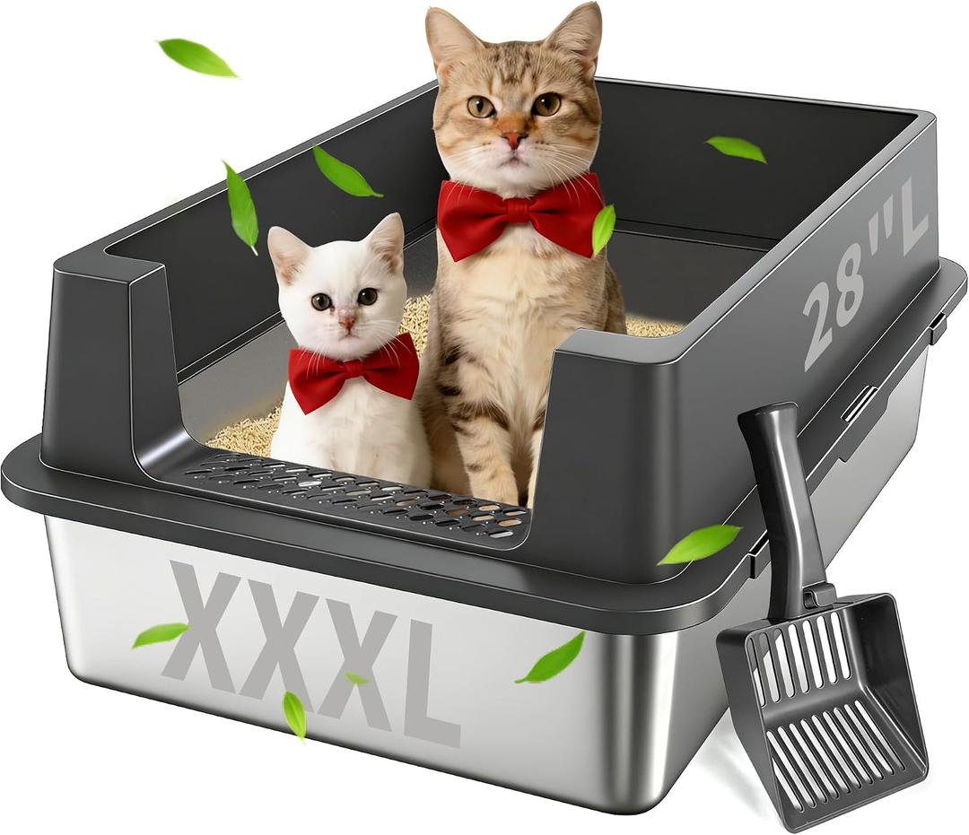 Stainless Steel Litter Box with Lid, XXXL Metal Litter Boxes for Big Cats and Kitten, Three Extra Large High Sided Littter Box,Odorless,Non-Stick,Easy Cleaning,Scoops Included (1, XXXL)