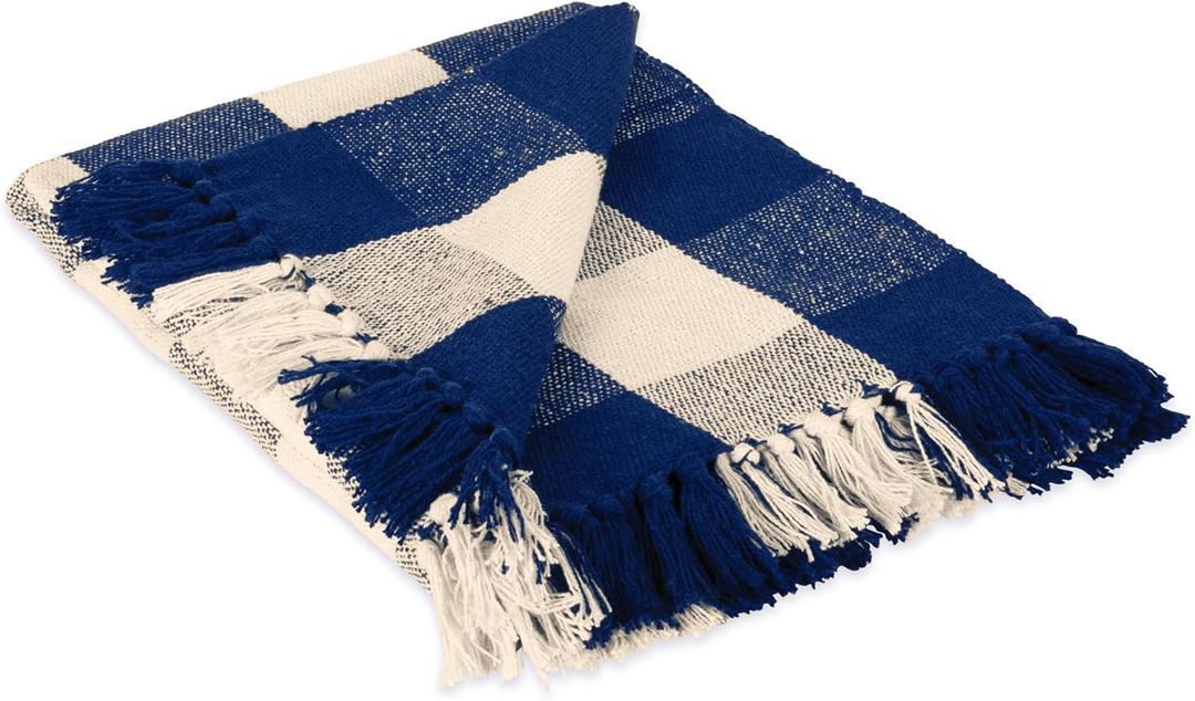 DII Buffalo Check Collection Rustic Farmhouse Throw Blanket with Tassles, 50x60, Navy/Off-White
