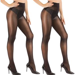 ARRUSA Women's Super Sexy Shiny Sheer Control Top Footed Tights Silk Stockings Ultra Shimmery High Waist Pantyhose (Black)