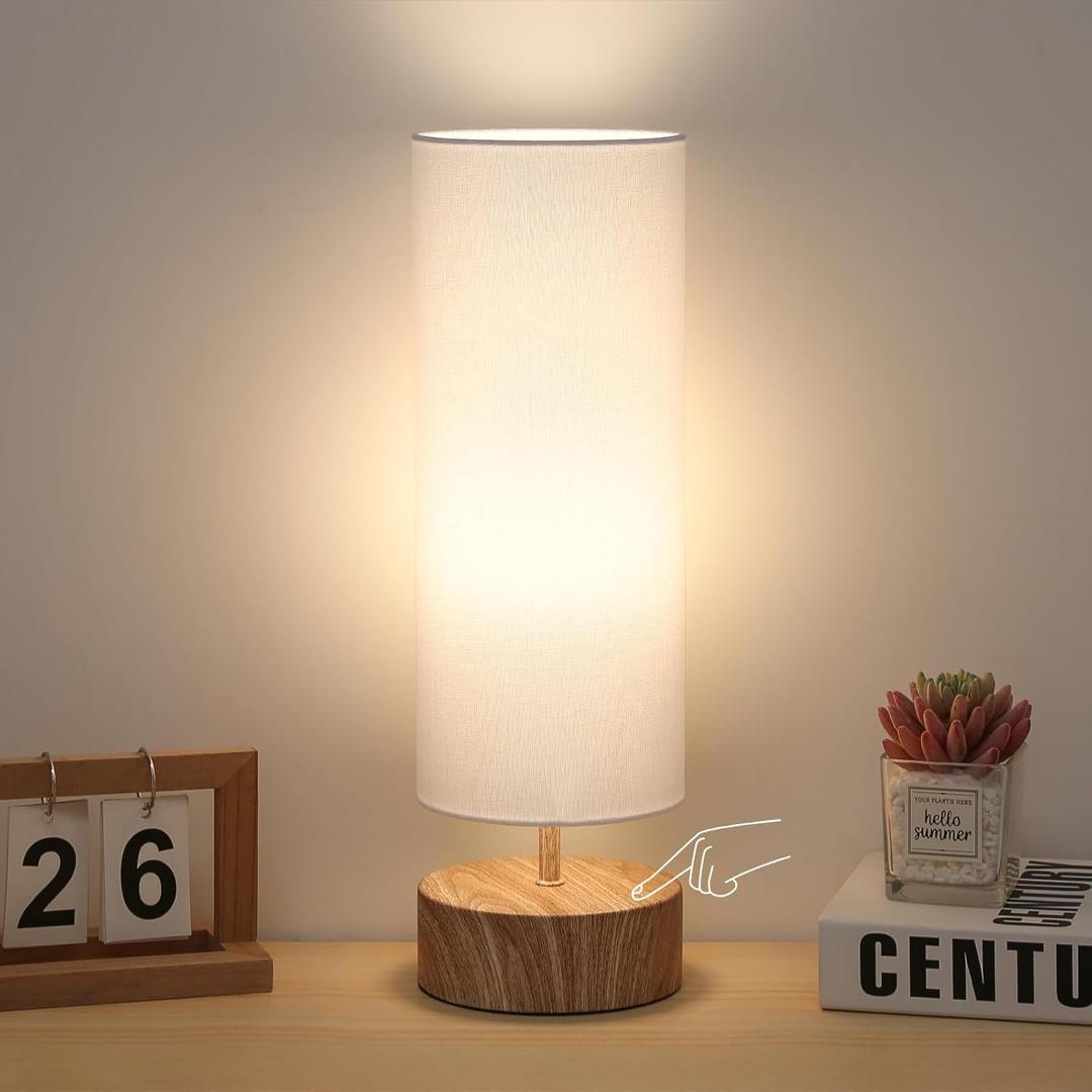 Bedside Table Lamp, 3 Way Touch Control Table Lamp with Wood Grain Base, Dimmable Nightstand Lamp with White Shade, Simple Night Light for Bedroom Living Room Home Office, LED Bulb Included