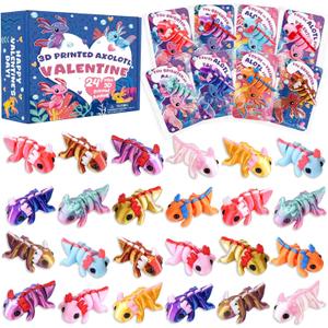 Valentines Day Gifts Cards for Kids 24 Pack 3D Printed Animals Axolotl Figurines Set with Valentine Greeting Cards for Boys Girls Toddle School Classroom Exchange Party Favors Prizes