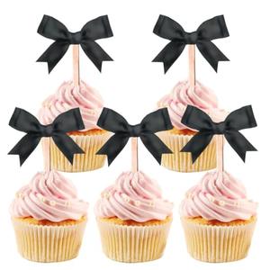 24 Pcs Black Bow Cupcake Toppers for Coquette Party Decorations, Baby Shower and Birthday Cake Supplies (Black)