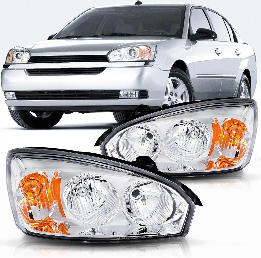 Headlight Assembly Chrome Amber Compatible with 2004 2005 2006 2007 Chevy Malibu (Compatible with 2008 Malibu Classic Model)