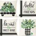 PANDICORN Spring Summer Pillow Covers 18x18 Set of 4, Green Eucalyptus Leaves Black Buffalo Plaid Check Truck Throw Pillows Cases, Modern Farmhouse Cushion Covers for Home Sofa Couch Decorations