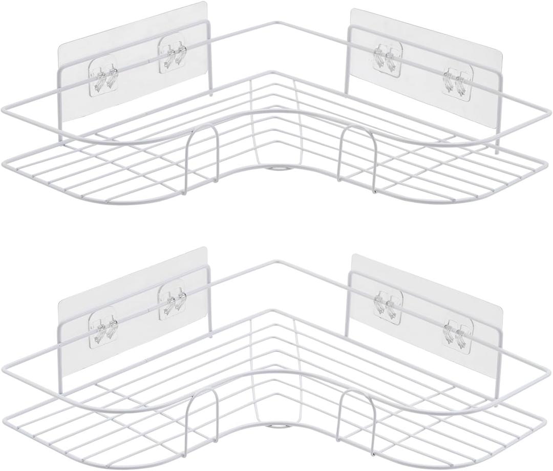 Corner Shower Caddy, 2 Pack Adhesive Shower Corner Organizer Shelves, No Drilling Stainless Steel Shower Storage Rack for Bathroom, Dorm and Kitchen, White