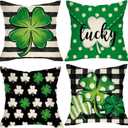 St. Patrick's Day Lucky Clover Decorative Throw Pillow Covers 18x18 Set of 4, Shamrock Black White Buffalo Plaid Check Outdoor Home Decor, Spring Farmhouse Irish Holiday Couch Cushion Case