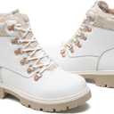 Women Winter Snow Boots with Fur Lined,Black Low heels Combat Ankle Boots,Non Slip Leather Ankle Boots for Women (8, White)