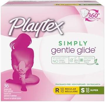 Playtex Simply Gentle Glide Tampons, Multipack (18ct Regular/18ct Super Absorbency), Fragrance-Free - 36ct