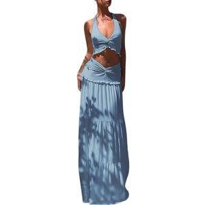 Famnbro Womens 2 Piece Skirt Sets Halter V Neck Y2k Top and Flowy Ruffle Maxi Skirts Summer Vacation Outfits S
