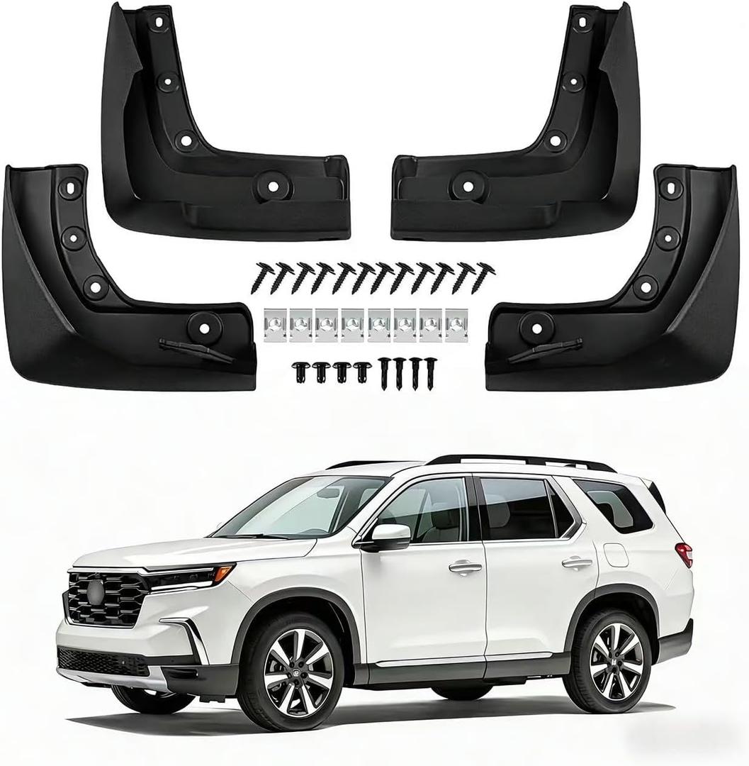 No Drill Mud Flaps for 2023-2026 Honda Pilot, Heavy Duty Front & Rear All Weather Splash Guards Set for LX Sport EX-L Touring Trailsport Elite Black Edition Trims, OEM-Style Black Mud Guards
