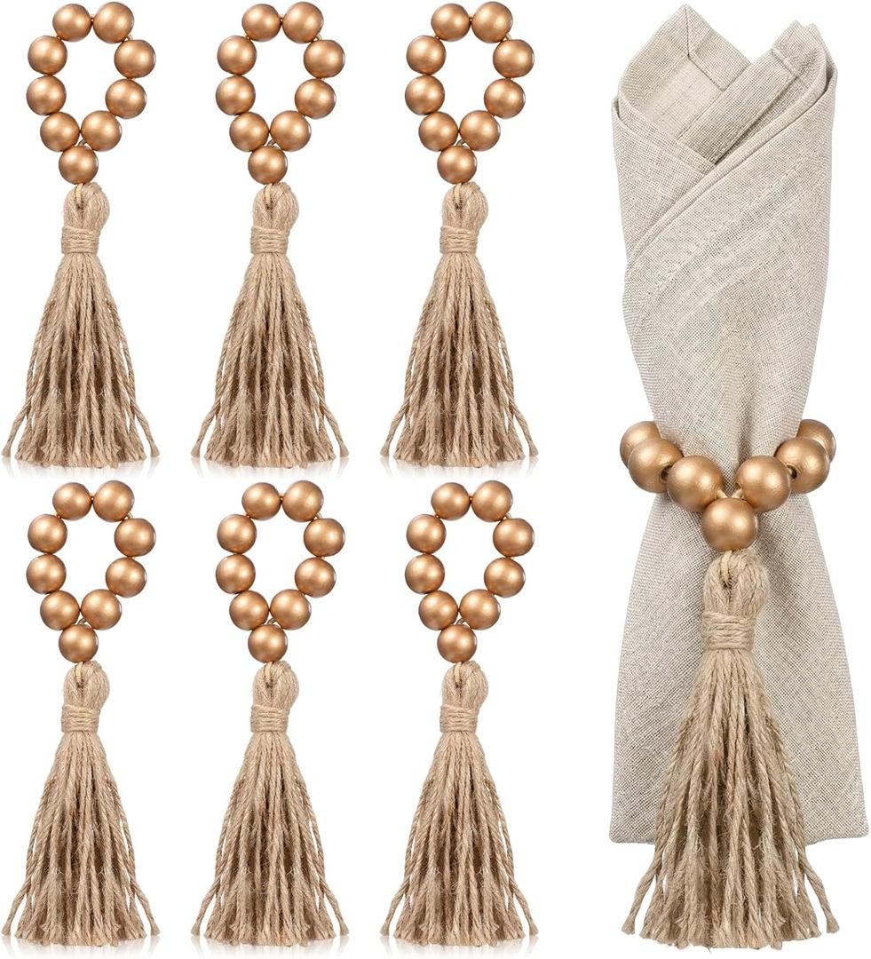 6 Pieces Wooden Bead Napkin Rings, Wooden Bead Easter Farmhouse Napkin Rings with Tassel, Natural Rustic Boho Napkins Ring for Dining Table Decor Wedding Party Thanksgiving Decoration
