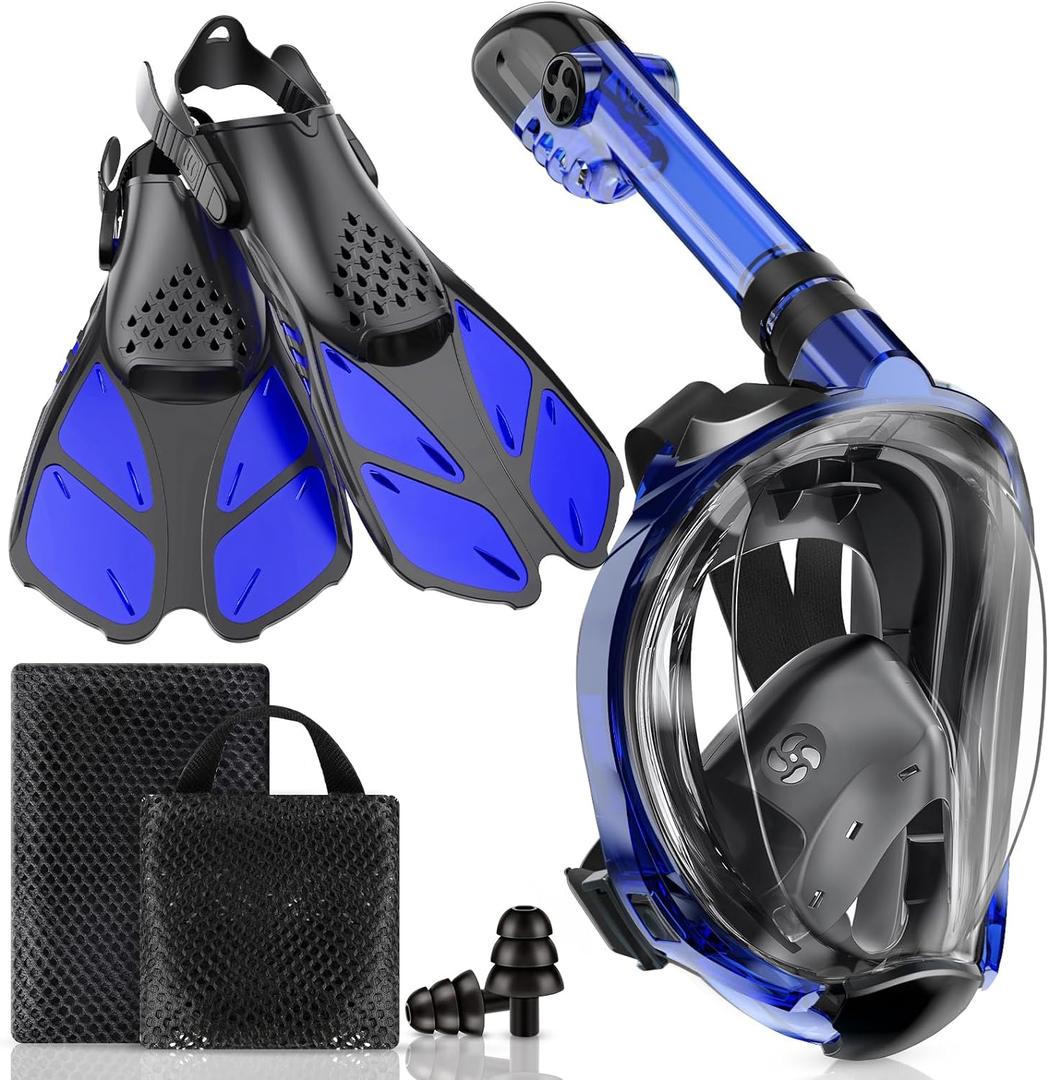 Mask Fins Snorkeling Gear for Adults, Full Face Snorkel Mask & Adjustable Swim Fins Snorkel Set, Panoramic View Snorkel Mask Dry Top Anti-Fog Anti-Leak (Blue)