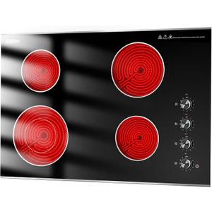 Electric Cooktop 30 Inch, 6700W Knob Control 4 Burner Electric Stove Top Burner Hot Plate, 220V-240V Bulit-in Ceramic Radiant Stovetop with Multi-Ring Control, Hardwire (No Plug)