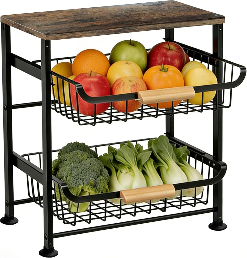 3-Layer Fruit Basket Kitchen Food Organizer and Rack Rolling Pantry Kitchen Cart On Wheels with Wood Top Table,Pull-Out Hollow Metal Basket for Sorting Spice Snacks Vegetables,Black