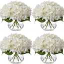 Zeyune 4 Pack Artificial Hydrangea Flowers with Vase (White)