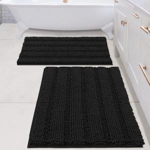 H.VERSAILTEX 2 Piece Bathroom Set - Super Absorbent Chenille Striped Bath Mats - Non Skid Machine Wash Dry Rugs for Bathroom Floor (Black, 24 x 36 Plus 20 x 32 - Inches)