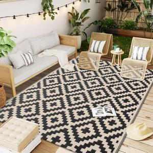 OLANLY Waterproof Outdoor Rug 5x8 ft, Outdoor Plastic Straw Rug for Camping, RV Mat Outside, Outdoor Carpet for Porch, Deck, Backyard, Balcony, Picnic, Black & Beige