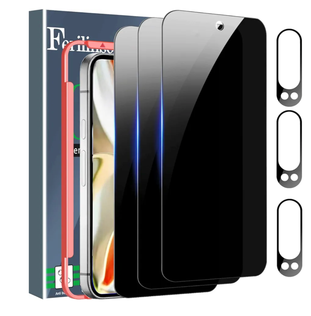 Ferilinso Full Coverage 3 Pack Privacy Screen Protector for Google Pixel 9 Pro [Phone Case Friendly], 3 Pack Tempered Glass Camera Lens Protector Accessories [Auto- Dusting & Adhesive]