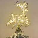 Juegoal Lighted Reindeer Christmas Tree Topper, Metal Xmas Glitter Elk Treetop Ornaments with 30 LED Warm White Lights, Battery Powered Light up 2D Deer Christmas Tree Decorations, Golden