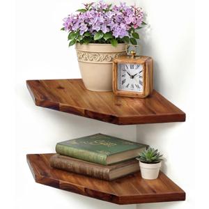 Demigo Corner Shelf Wall Mount, Set of 2 Solid Acacia Wood 11.8 x 16.5 inches Floating Corner Shelves, Smooth - Durable - Attractive Corner Shelves for Bedroom Living Room Bathroom Kitchen (Brown)