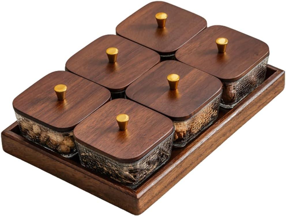 Square Glass Snackle Box Container Snack Organizer and Fruit Platter with Walnut Wooden Lids and Tray Divided Serving Tray for Nuts Candy Fruits (6 Jars)