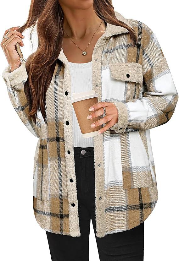 SHEIN Women's Plaid Shacket Jacket Fuzzy Shearling Patchwork Warm Shirt Coat Jacket S