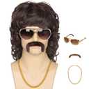 Miss U Hair Men's Brown 70s 80s Disco Mullet Wig for Halloween Party Long Curly Brown Wig for Men with Necklace Glasses