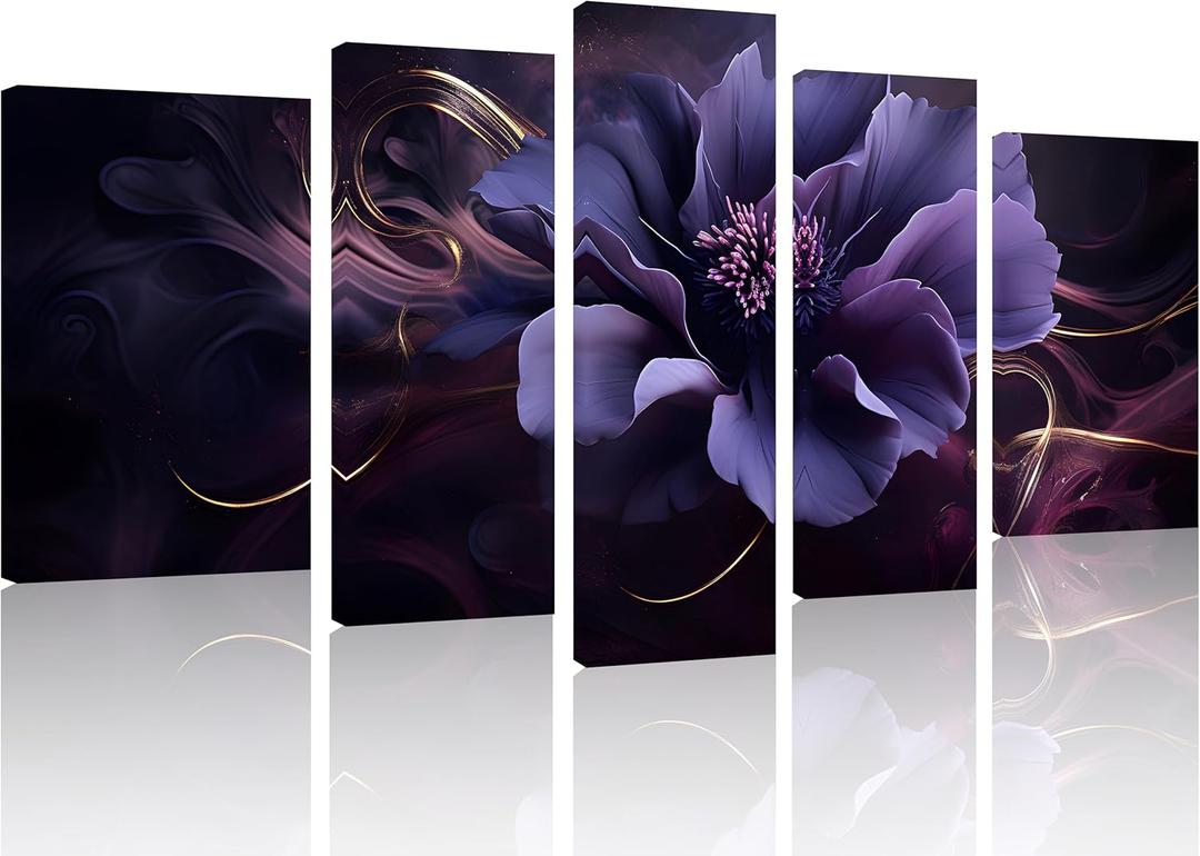 TutuBeer 5 Panels Purple Wall Canvas Purple Canvas Pictures Abstract Plum Color Flower Print on Canvas Abstract Flower Wall Art for Bedroom Home Decor Living Room Stretched and Framed (10x16inchx2,8x20inchx2,8x24inchx1)