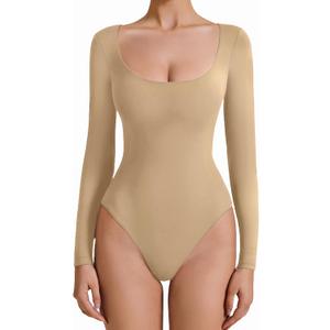 Avidlove Bodysuits for Women Long Sleeve Body Suits Womens Scoop Neck Bodysuit Double Lined Tops (Beige, XS)