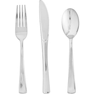 FOCUSLINE 75 Pack Silver Plastic Silverware Disposable Cutlery Set - 25 Forks Knives Spoons - Disposable Flatware Heavy Duty Plastic Utensils Set for Catering, Parties, Dinners, Weddings