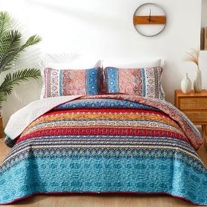 WONGS BEDDING Bohemian Quilt Set Full Size, Boho Striped Pattern Quilts Bedspread Set for All Season, Soft Microfiber Coverlet Bedding Set 78"x90"(3 Pieces, Full) (Beige)