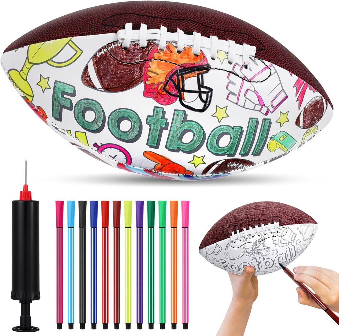 Hollowfly 1 Set Color Your Own Footballs Set Kids Mini Football or Soccer Ball Custom Designs Color Youth Junior Ball Craft Gifts with 12 Markers and Inflator for Kids Size 6