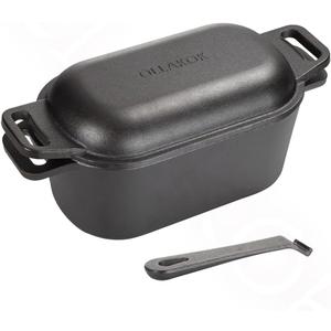 OLLAKOK 2in1 PreSeasoned Cast Iron Dutch Oven Pot with Lid as Skillet, Grill Pan, with Lid Lever, Dual Loop Handles, Oval Heavy Dutch Oven for Bread Baking, Frying, Camping, BBQ, 3.8 QT Black