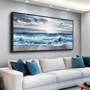 ERQINHUA Large Wall Decor For Bedroom Wall Art For Living Room Office Decor Blue Beach Sea Wave Paintings Sunrise Ocean Seascape Wall Pictures Canvas Artwork Modern Home Decor Black Frame 30x60 In