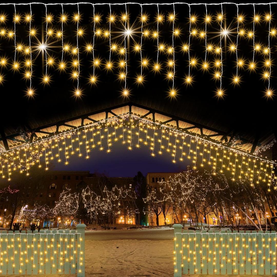 Christmas Icicle Lights Outdoor Decoration, Warm White LED String Lights Lights 8 Modes, 30FT 300LED Hanging Twinkle Fairy Light 60 Drops for Roof Window Home Party Garden Yard Christmas Decoration