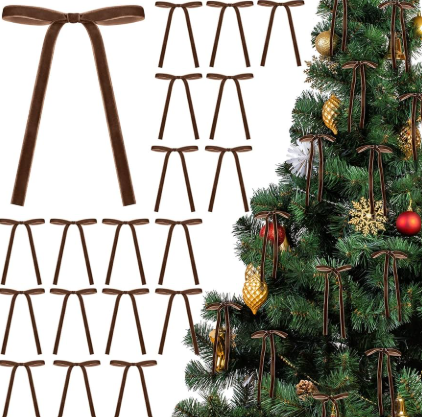 Brown 24 Pcs Velvet Bows Christmas Tree Ornaments Valentines Day Bows Decoration for Garland Home Coquette Wedding Decor (5 x 7 Inch,Width of 3/8")
