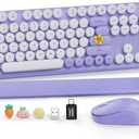 Wireless Keyboard and Mouse Combo, Cute Round Keycaps, Full-Size Retro Typewriter Keyboard with Detachable Wrist Rest, 2.4GHz Cordless Connection for Mac/Windows/PC/Laptop (Purple-Colorful)